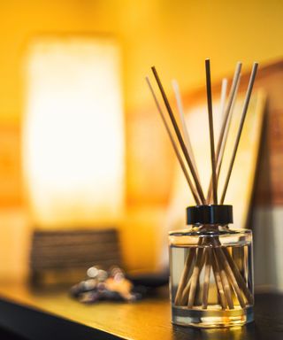 A close-up shot of a reed diffuser backlit by a soft-focus lamp on a black shelf