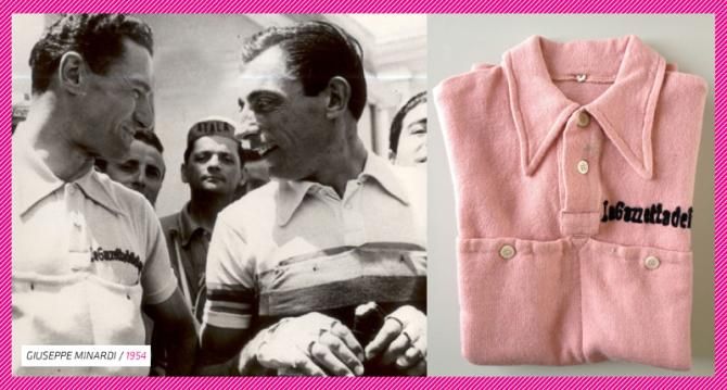 Fausto Coppi admires Giuseppe Minardi's pink jersey in 1954
