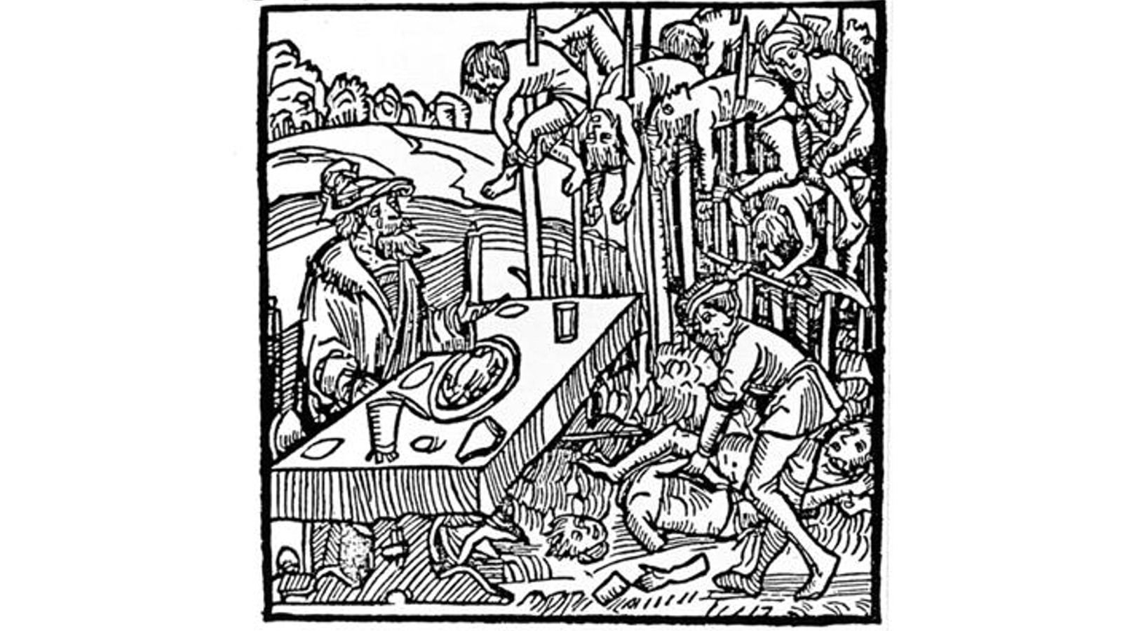 A woodcut from a 1499 pamphlet depicts Vlad III dining among the impaled corpses of his victims.