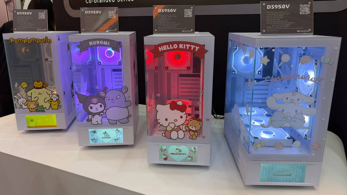 Four of darkFlash's latest co-branded Sanrio PC case collaboration. From left to right, the PC case designs feature PomPomPurin, Kuromi, Hello Kitty, and Cinnamoroll.