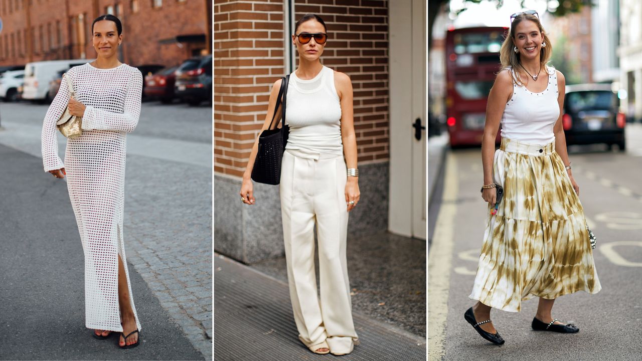 split image of fashion week attendees wearing white cover-up dress, white tank-top and white trousers, white studded tank top and tie-dye skirt 