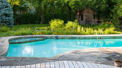 Swimming pool with lawn and garden in background