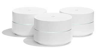 A set of three Google Wifi mesh routers
