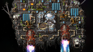 A space platform composed of many and varied parts in the game factorio.