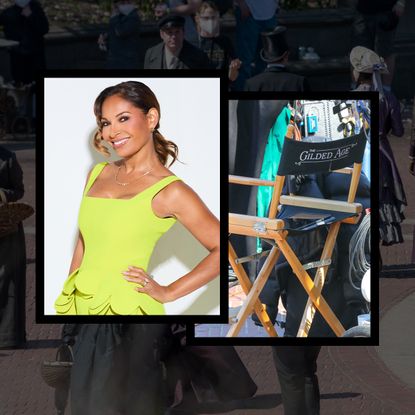 director salli richardson whitfield wears a lime green dress and poses smiling with her hand on her hip opposite a photo of directors chair on the set of the gilded age