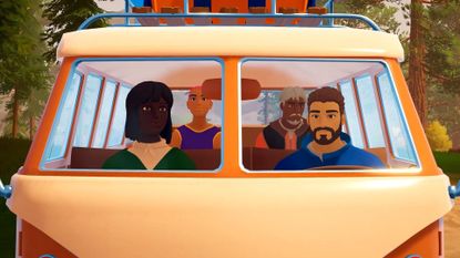 Screenshot from Outbound, showing four people sat in a caravan staring toward the camera.