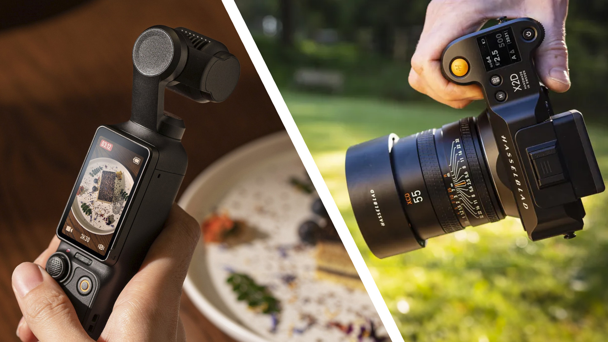 A hand holding a DJI Pocket 3 camera next to a Hasselblad X2D 100C