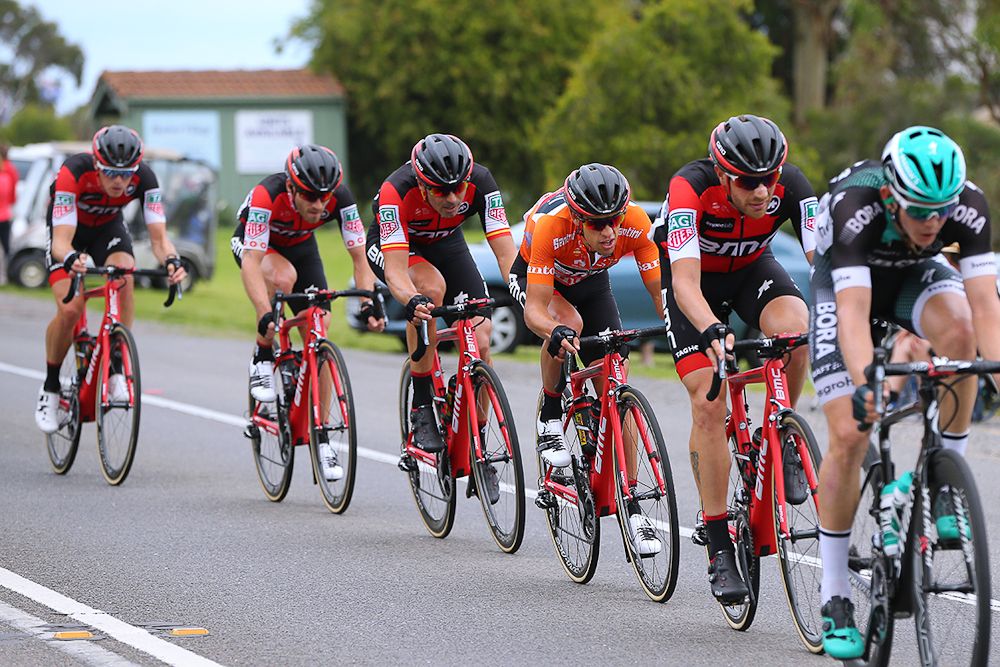 Richie Porte surrounded by teammates during stage 3 at the Tour Down Under