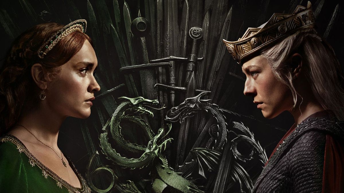 A piece of House of the Dragon season 2 key art showing Alicent Hightower and Rhaenyra Targaryen facing each other