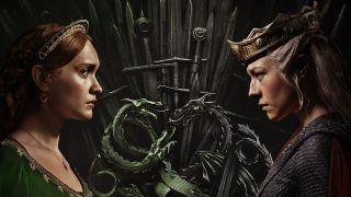 A piece of House of the Dragon season 2 key art showing Alicent Hightower and Rhaenyra Targaryen facing each other