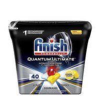 A black packet of finish quantum dishwasher tablets on a white background