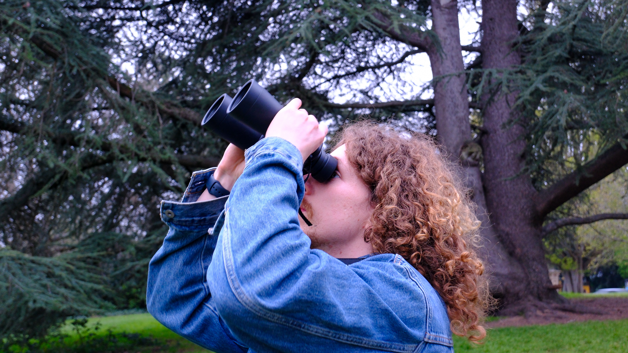 A man looking towards the sky, through the Nikon Action 7x50 binoculars, with trees in the background.