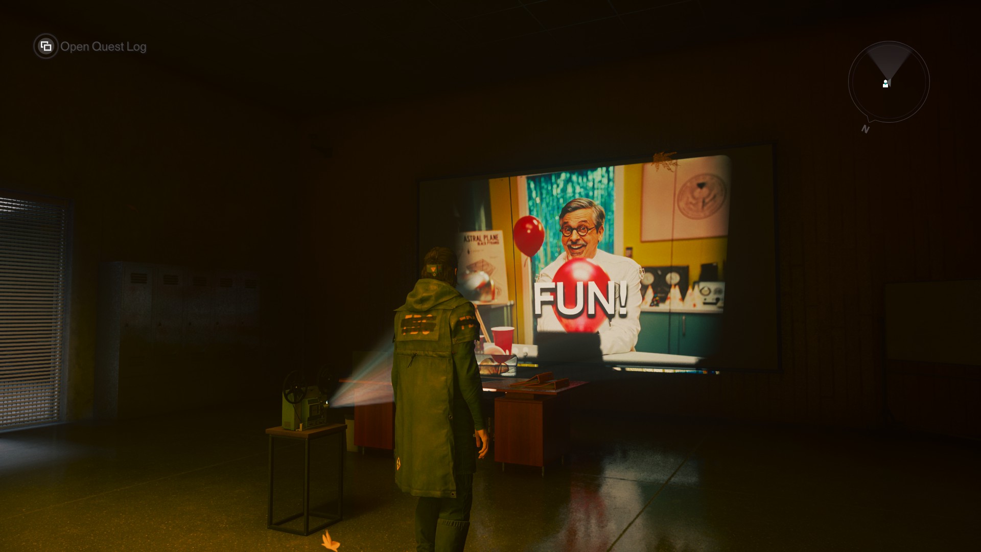 Dylan looks at a film reel projection of Dr. Casper Darling, with large-lettered caption reading FUN!