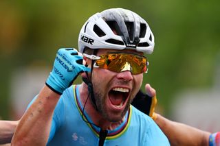 Mark Cavendish celebrates his record-breaking 35th stage victory in stage 5 of the 2024 Tour de France