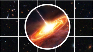 (Background)Ancient quasars discovered by Euclid. (Foreground) An illustration of a quasar