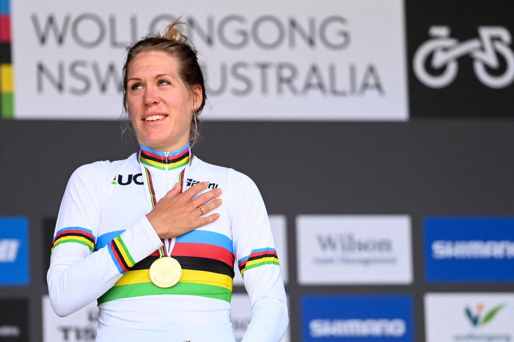 Dutch Ellen Van Dijck winner of the gold medal pictured on the podium after the women elite individual time trial at the UCI Road World Championships Cycling 2022 in Wollongong Australia Sunday 18 September 2022 The Worlds are taking place from 18 to 25 September BELGA PHOTO DIRK WAEM Photo by DIRK WAEM BELGA MAG Belga via AFP Photo by DIRK WAEMBELGA MAGAFP via Getty Images