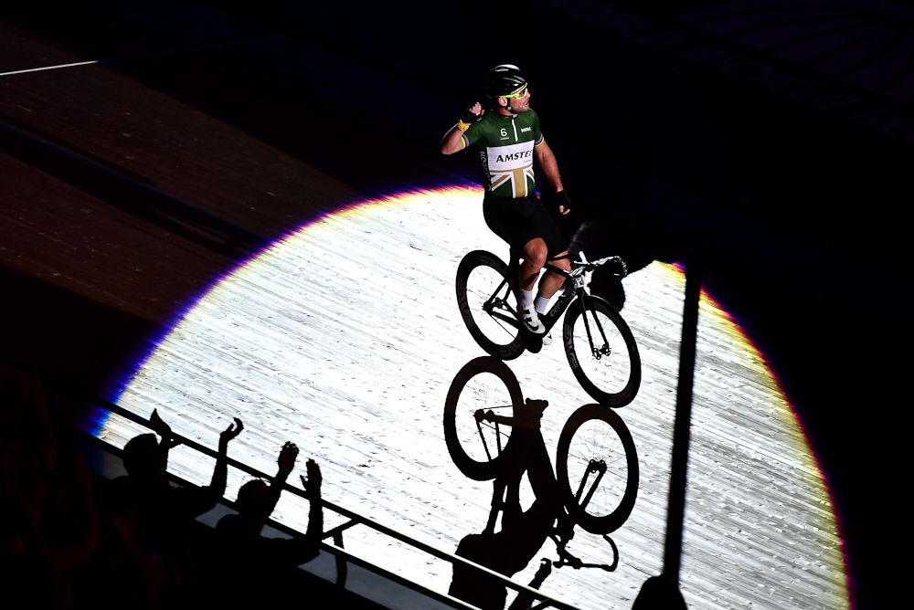 Mark Cavendish of Great Britain celebrates victory in the Mens 10km Scratch Race on day four of the London Six Day