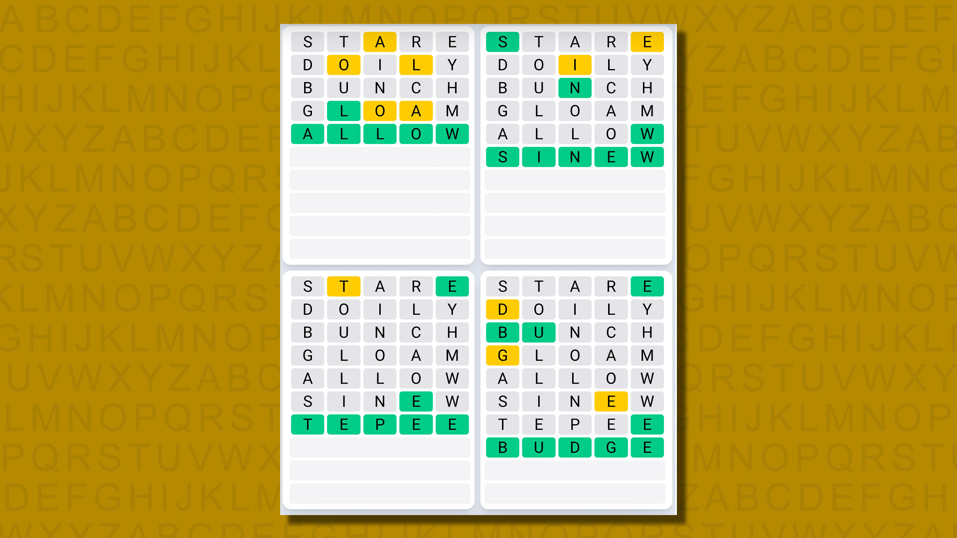 Quordle daily sequence answers for game 632 on a yellow background