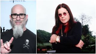 A photo of Scott Ian flashing the horns next to a photo of Ozzy with his arms crossed