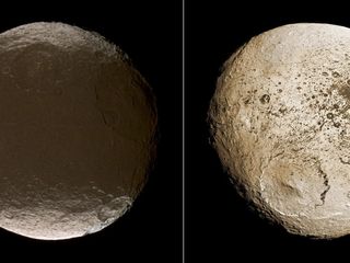 These two global images of Iapetus show the extreme brightness dichotomy on the surface of this peculiar Saturnian moon. The left-hand panel shows the moon's leading hemisphere and the right-hand panel shows the moon's trailing side. Image published Dec. 10, 2009.