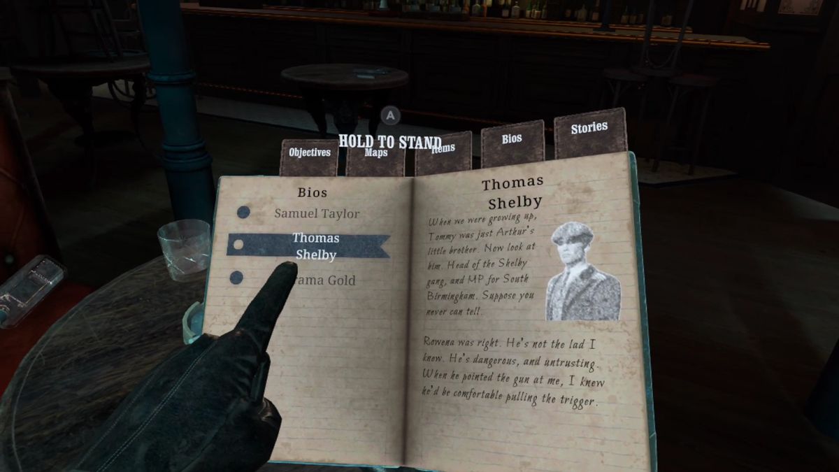 Peaky Blinders The King's Ransom VR screenshot taking a look at the journal