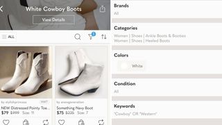 Two side-by-side images showing the popular white cowboy boot trend on the left and the trend guideline on the right, for what to sell on Poshmark.