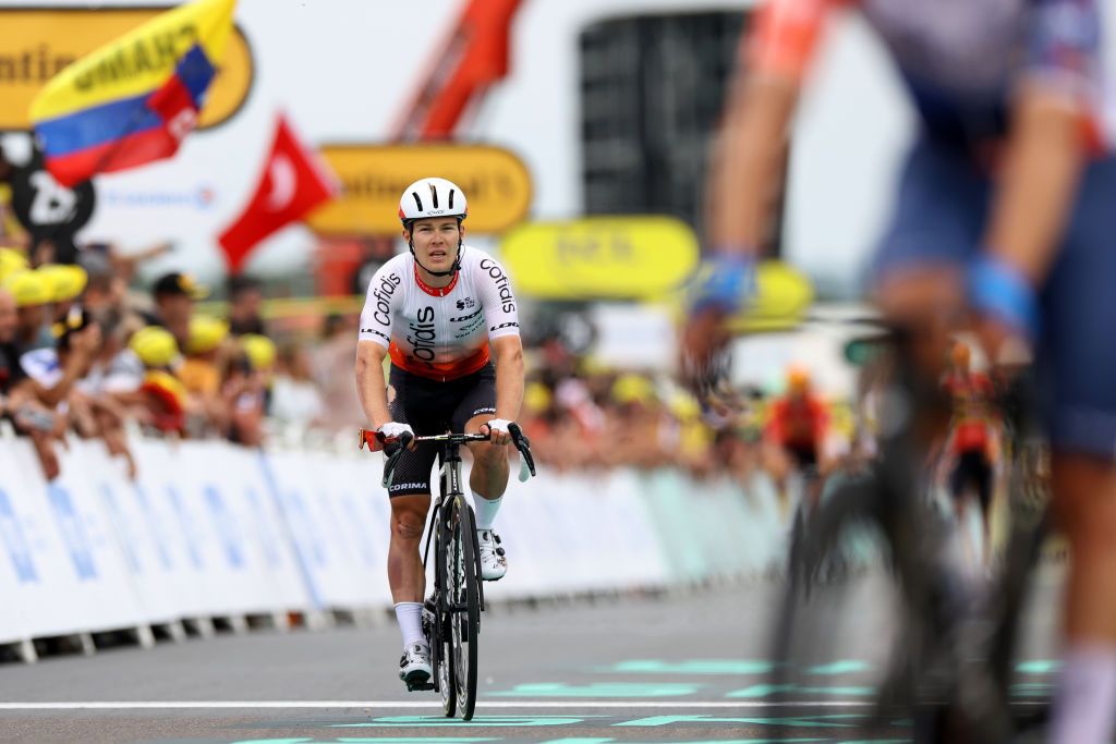 NOGARO FRANCE JULY 04 Axel Zingle of France and Team Cofidis crosses the finish line after being involved in a crash during the stage four of the 110th Tour de France 2023 a 1818km stage from Dax to Nogaro UCIWT on July 04 2023 in Nogaro France Photo by Michael SteeleGetty Images