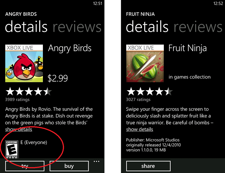 Review detailed. Windows games Angry Birds Fruit Ninja.