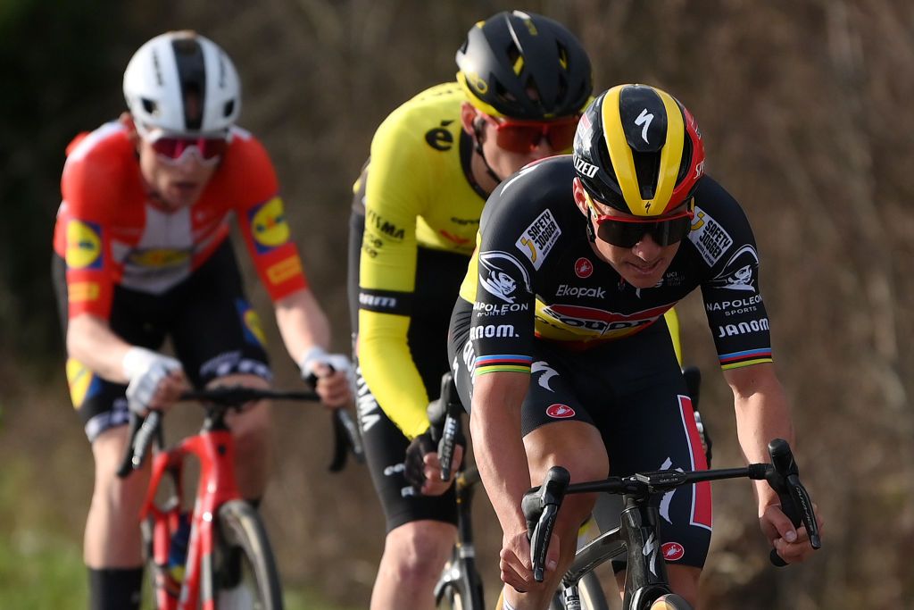 LES MUREAUX FRANCE MARCH 03 Remco Evenepoel of Belgium and Team Soudal Quick Step competes during the 82nd Paris Nice 2024 Stage 1 a 1577km stage from Les Mureaux to Les Mureaux UCIWT on March 03 2024 in Les Mureaux France Photo by Alex BroadwayGetty Images