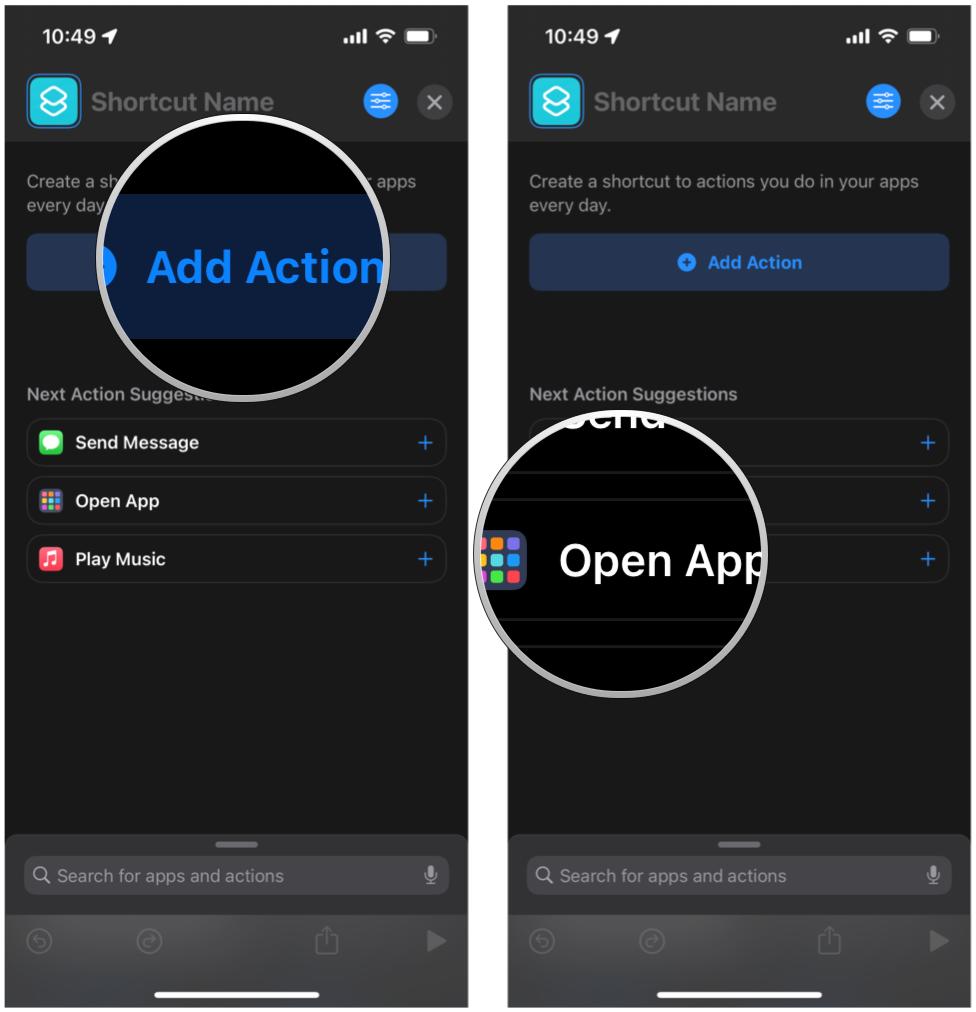 Personalize o ícone do aplicativo em Atalhos no iOS 15: toque em Adicionar ação ou, se Abrir aplicativo aparecer em Próximas ações, toque nele