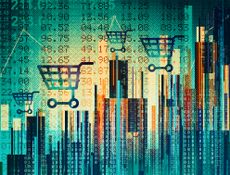 Digital financial composite illustration with shopping cart symbols representing inflation and rising prices