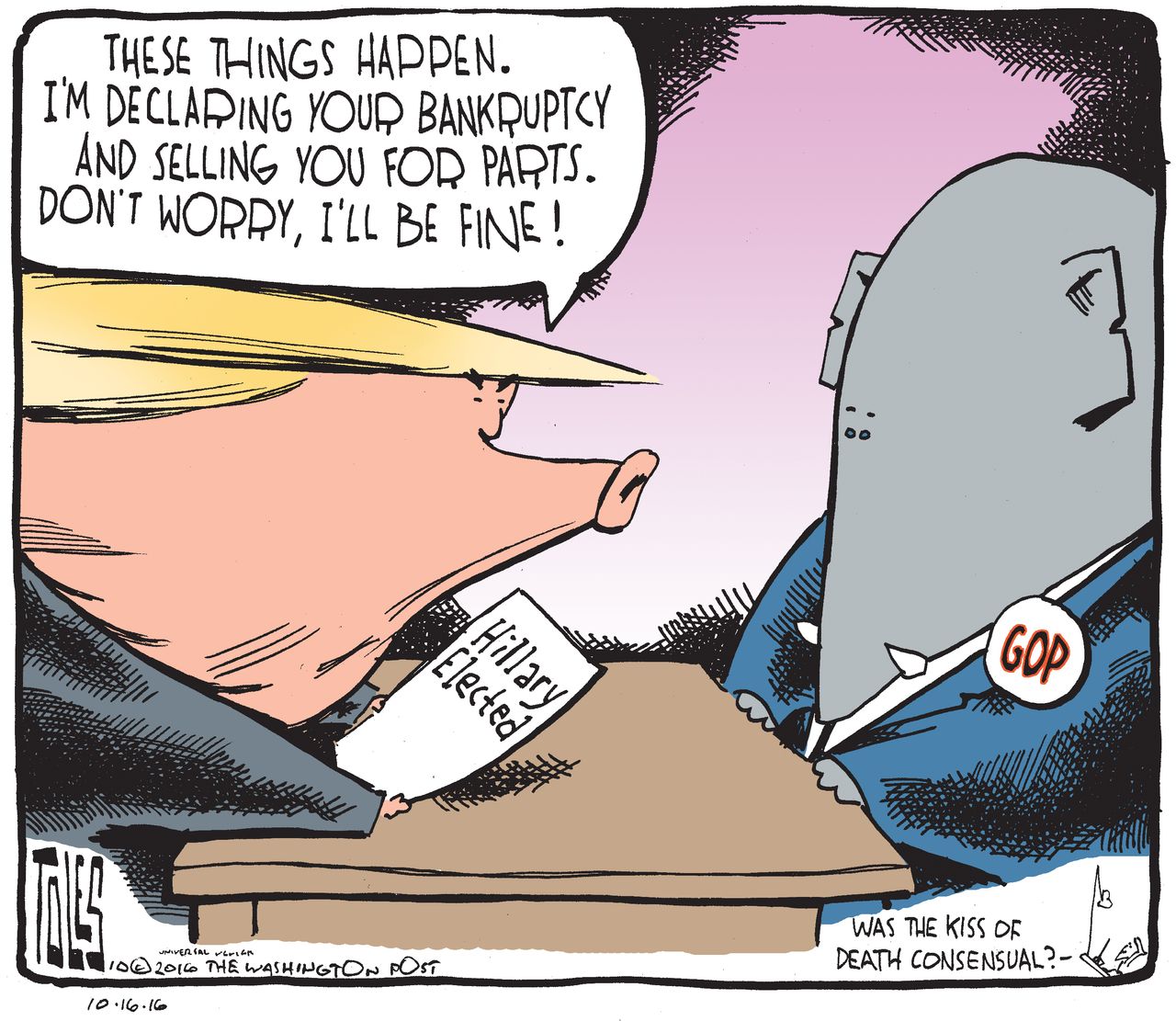 Political cartoon U.S. 2016 election Donald Trump GOP death