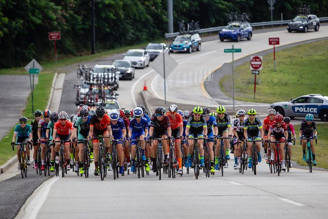 The women's peloton on the way back towards downtown during the US Pro Road Race National Championships on June 24, 2018 in Knoxville, Tennessee