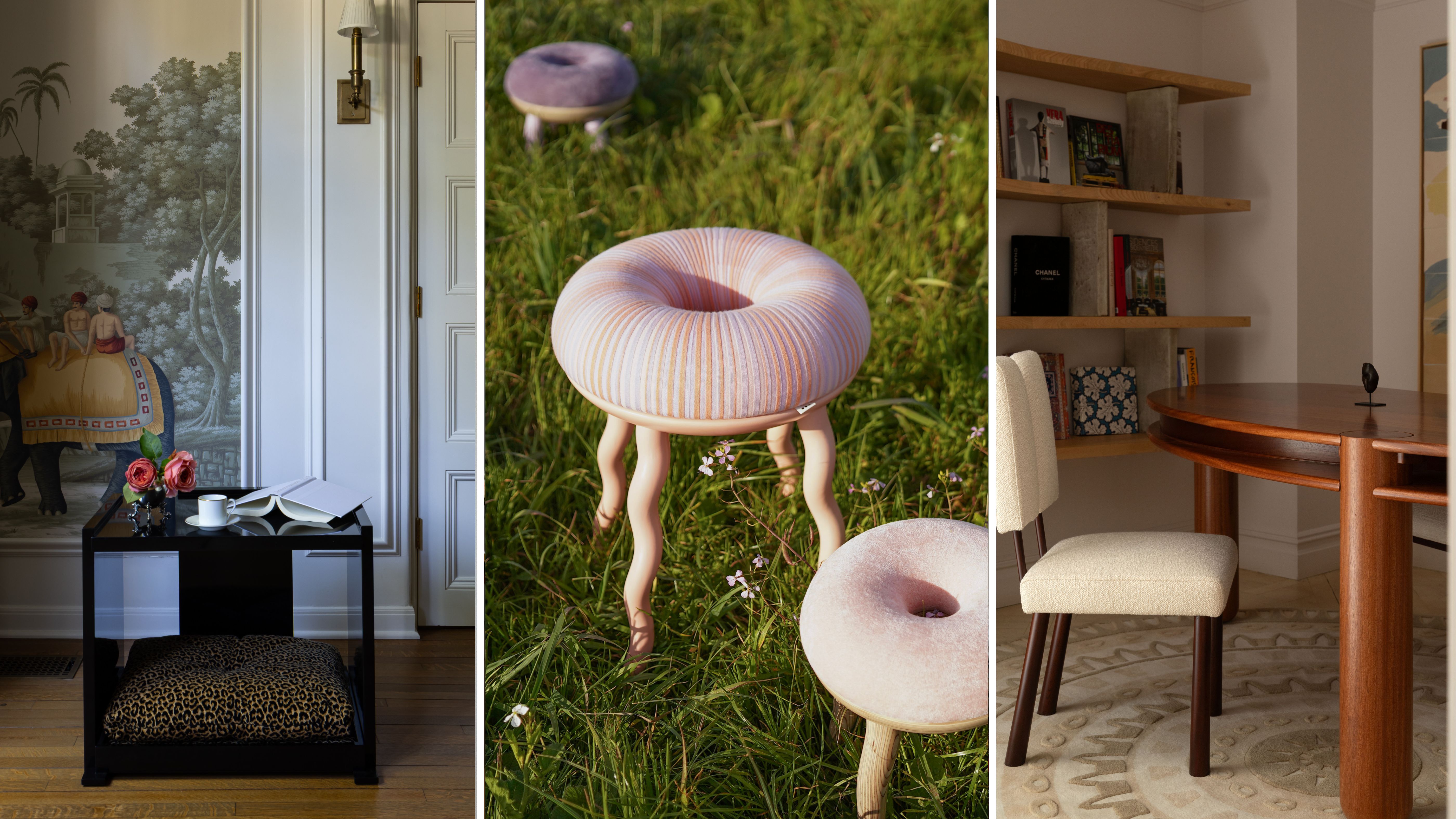 Pet-bed-side-table combo by Cuff Studio in a piano black glaze; Playful modular stools by MOOOMO styled in a grassy field; Lila Desk by Maison Leleu styled inside of an art-filled home office in NYC.