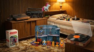 80s-inspired bedroom with toys and gadgets scattered around