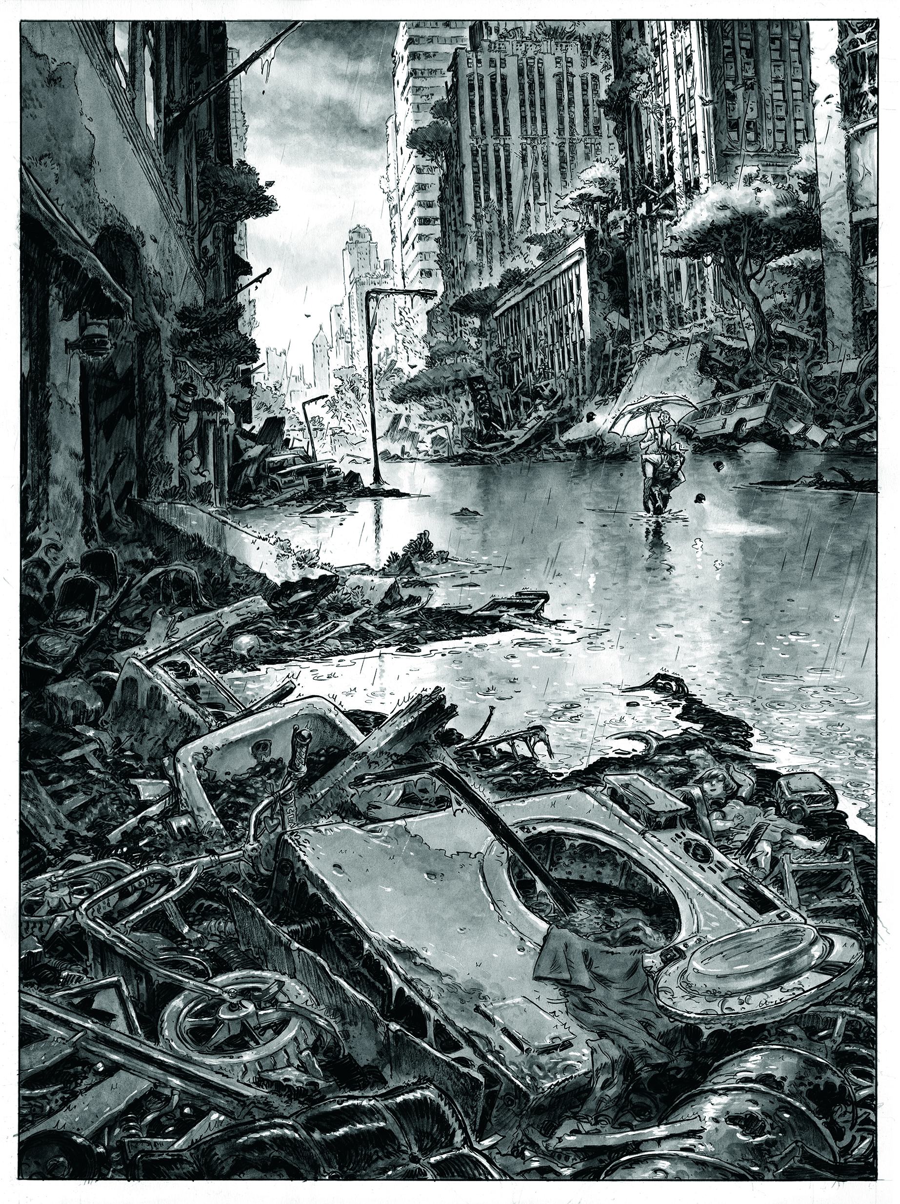 Artwork showing an apocalyptic cityscape