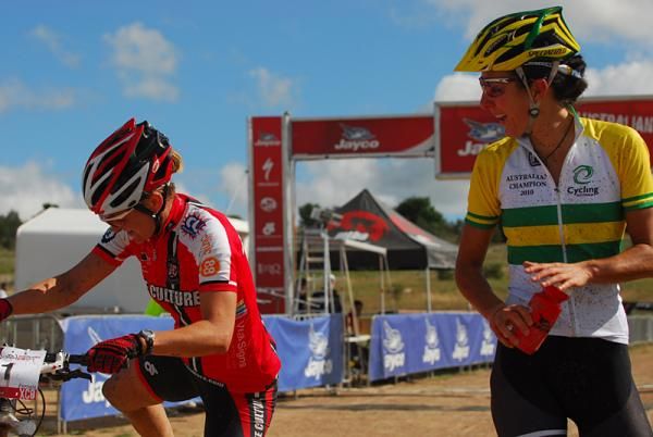 Rowena Fry saw the funny side of Heather Logie having difficulty in getting off the bike.