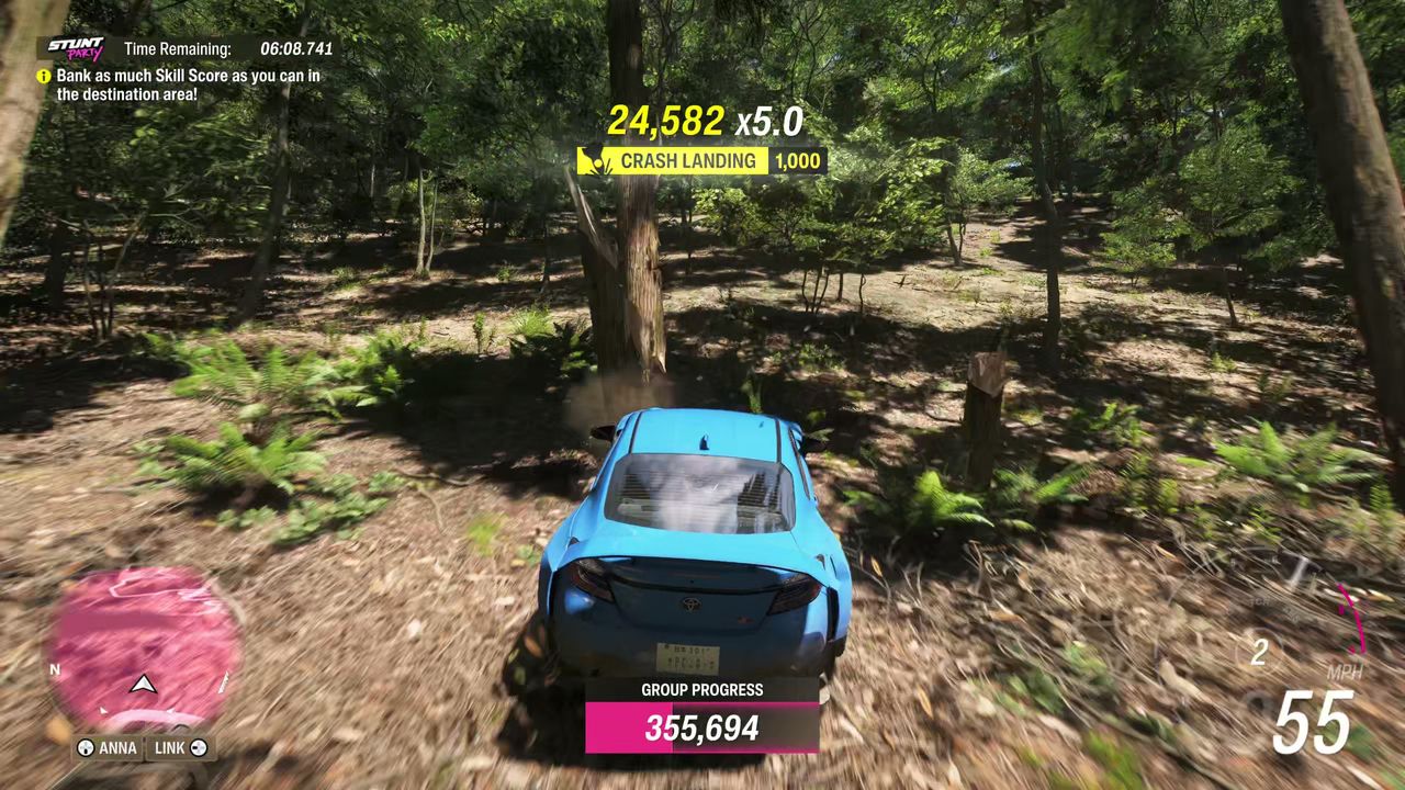Forza Horizon 6 Stunt Party: A player driving a blue Toyota GR86 through a forest to earn a high Skill Score.