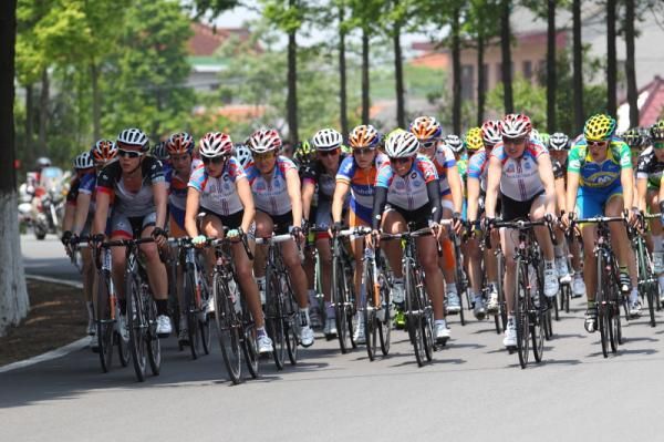 The Rusvelo team leading the peloton