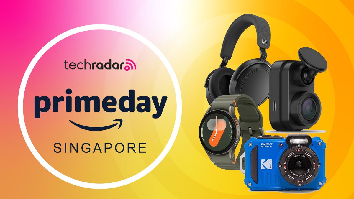 Sennheiser Momentum 4 Wireless, Garmin Dash Cam Mini 2, Samsung Galaxy Watch 7 and Kodak PixPro WPZ2 camera on pink and yellow gradient background with TechRadar logo &quot;Prime Day&quot; log and &quot;Singapore&quot; text.