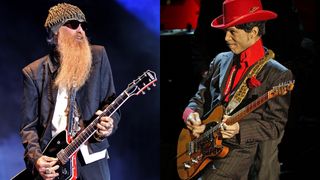 LEFT: Billy Gibbons of ZZ Top on stage at High Voltage on July 24, 2010. RIGHT: Prince performs following George Harrison's induction at the Rock & Roll Hall Of Fame, March 15, 2004.