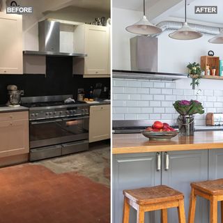 grey kitchen makeover with white metro tiles and wooden floors and green dining area