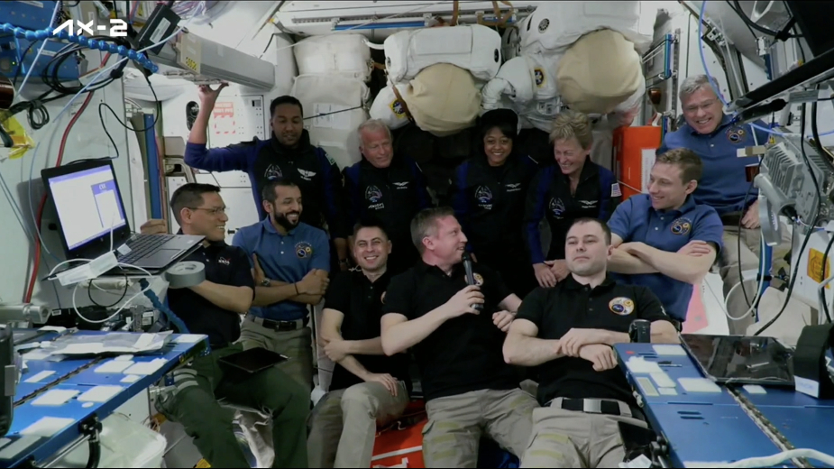 Eleven astronauts on International Space Station celebrate the arrival of four Ax-2 astronauts on May 22, 2023.