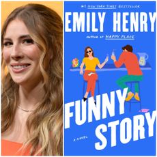 a split image of author emily henry smiling on a red carpet and the cover of her book funny story