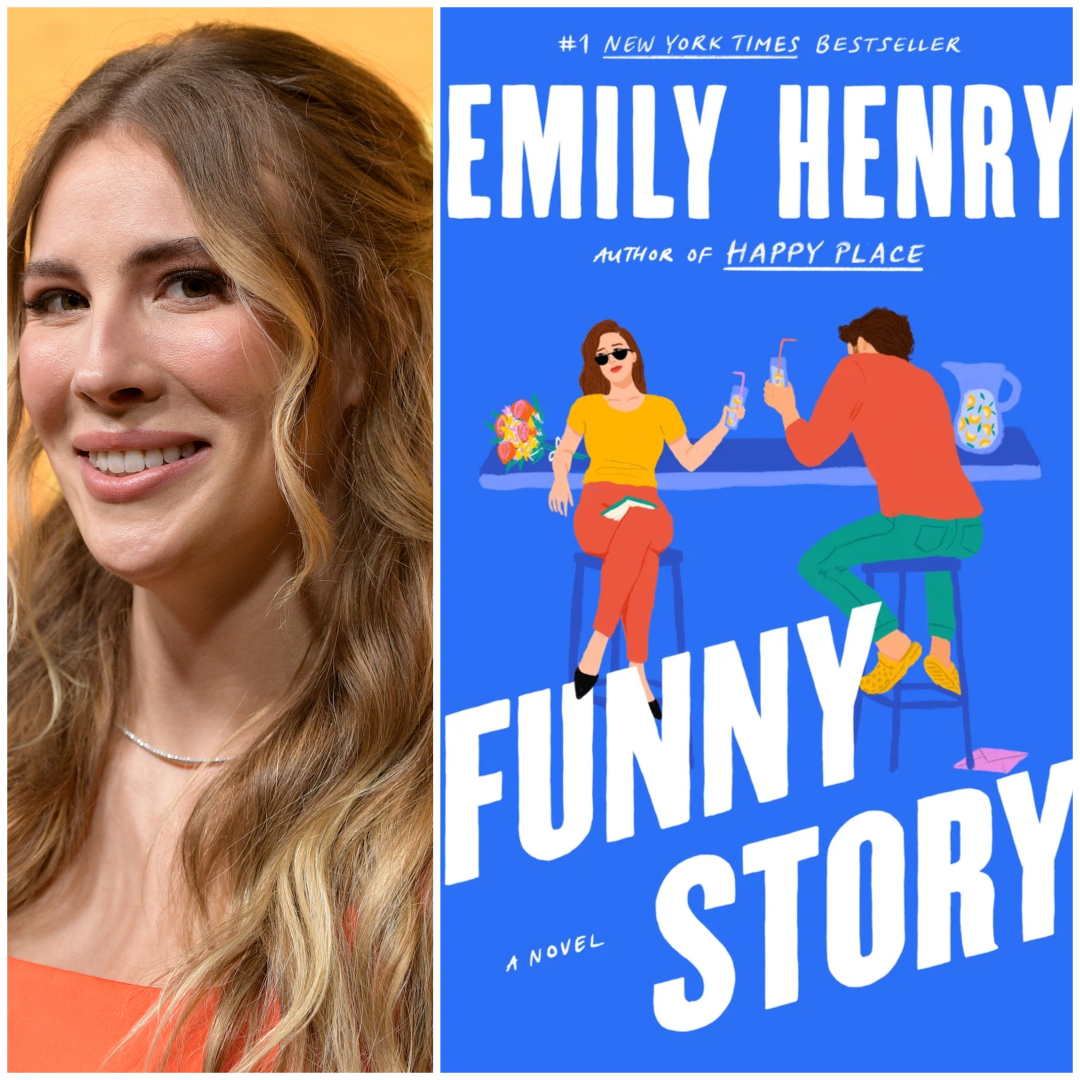 a split image of author emily henry smiling on a red carpet and the cover of her book funny story