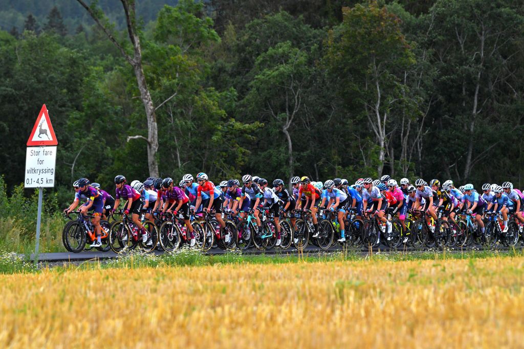 MYSEN NORWAY AUGUST 13 Ella Harris of New Zealand and Team CanyonSRAM Racing Elena Cecchini of Italy Ashleigh Moolman Pasio of South Africa and Team SD Worx Andersen Nilssen Birgitte of Norway and Team Norway Christine Majerus of Luxembourg and Team SD Worx Jessica Allen of Australia and Team Team BikeExchange Anna Shackley of United Kingdom and Team SD Worx White Best Young Rider Jersey lead The Peloton during the 7th Ladies Tour Of Norway 2021 Stage 2 a 145km stage from Askim to Mysen LTourOfNorway LTON21 UCIWWT on August 13 2021 in Mysen Norway Photo by Luc ClaessenGetty Images
