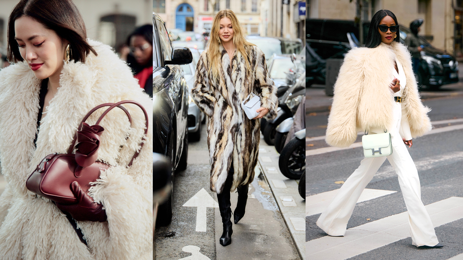 Stylish women wear faux fur coats in Paris