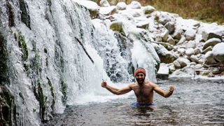 Wim Hof method trainee screams as he is in ice cold water, 2016 in Przesieka, Poland.