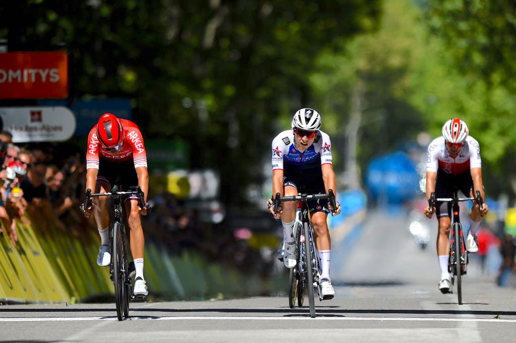 GAP, FRANCE - JUNE 10: (L-R) Warren Barguil of France and Team Ark&Atilde;&copy;a - Samsic and Andrea Bagioli of Italy and Team Quick-Step - Alpha Vinyl cross the finishing line the 74th Criterium du Dauphine 2022, Stage 6 a 196,4km stage from Rives to Gap 742m / #WorldTour / #Dauphin&Atilde;&copy; / on June 10, 2022 in Gap, France. (Photo by Dario Belingheri/Getty Images)