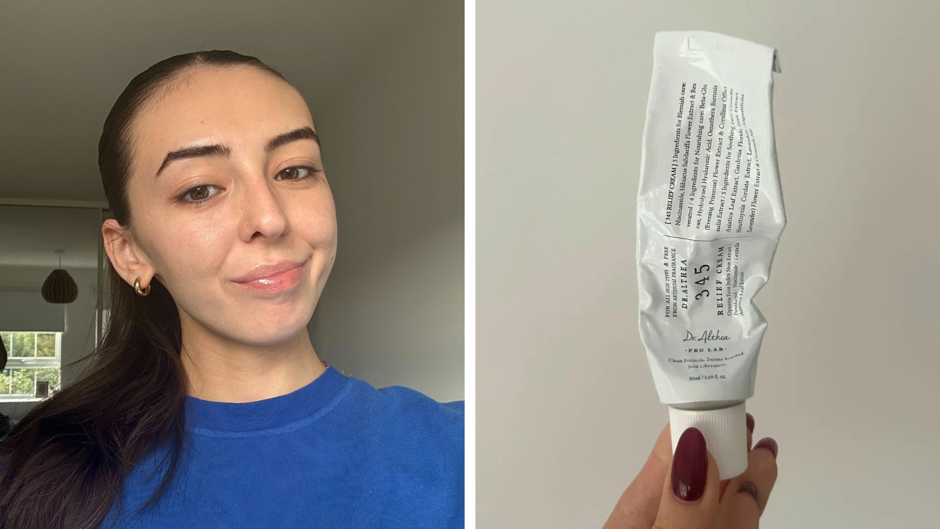 On the left, image of Sennen Prickett with no makeup on and wearing a blue jumper, on the right an empty white tube of the Dr.Althea 345 Relief Cream
